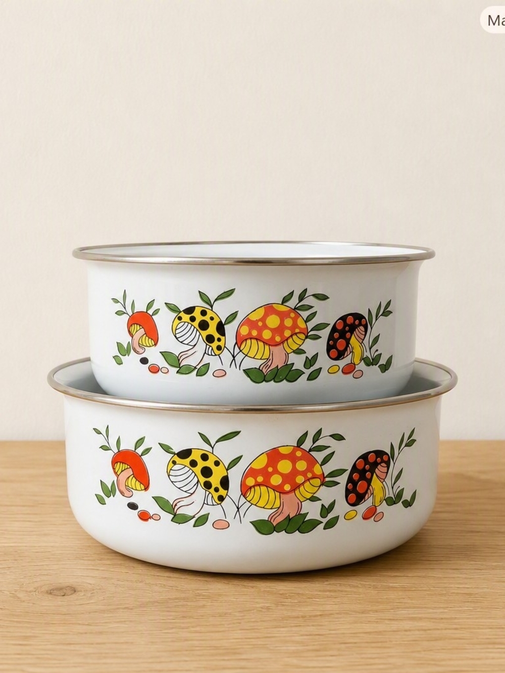 Enamel Mushroom Nesting Bowls - White with Colorful Mushroom Print